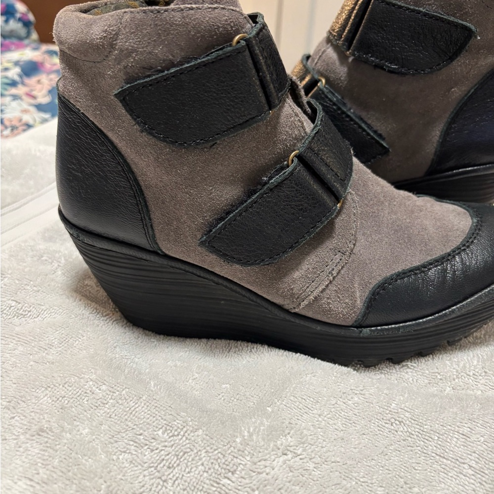 Fly London Black and Gray Wedge Boots
